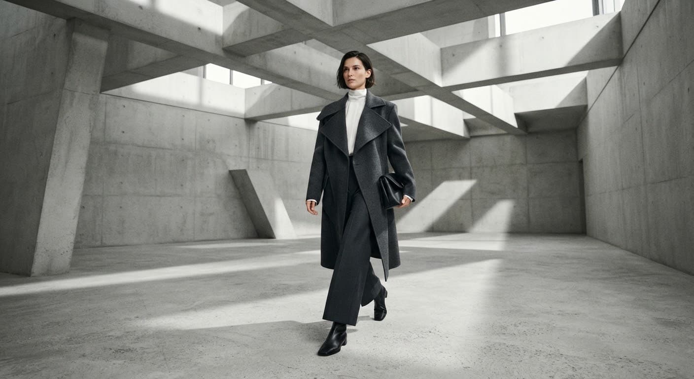 A model walking through a concrete atrium in the Fall Collection